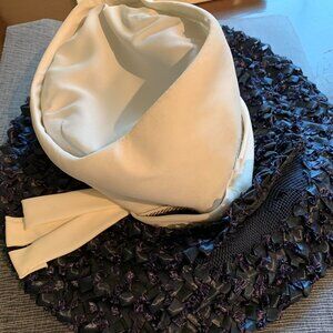 Vintage 1960s Navy Woven Straw Hat with White Chiffon on Top